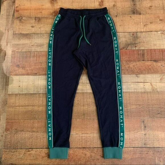 Monat classic track pant side stripe logo jogger sweatpants in navy and green -S - Picture 1 of 10